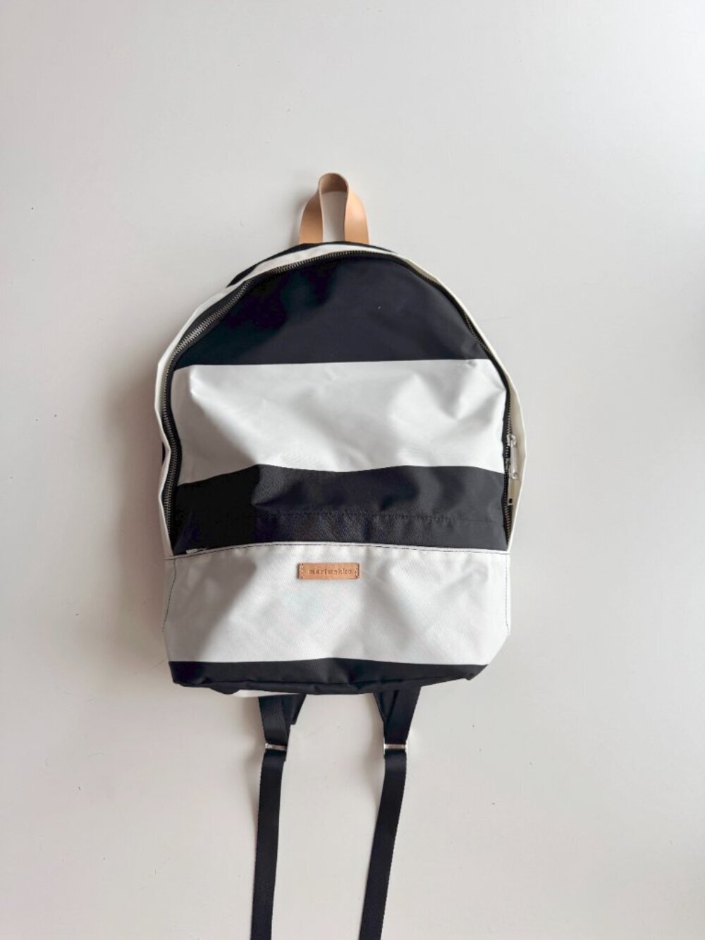 Marimekko Enni Galleria Black White Striped Ripstop Leather Strap Backpack